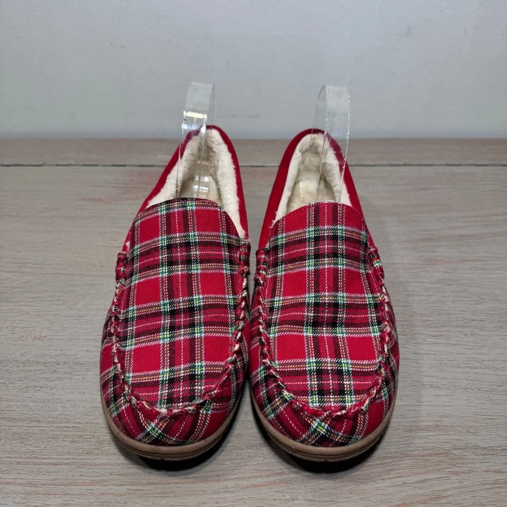 Lands‎ End Men’s Red Plaid Flannel Faux Shearling Lined Moccasin Slippers Size 8